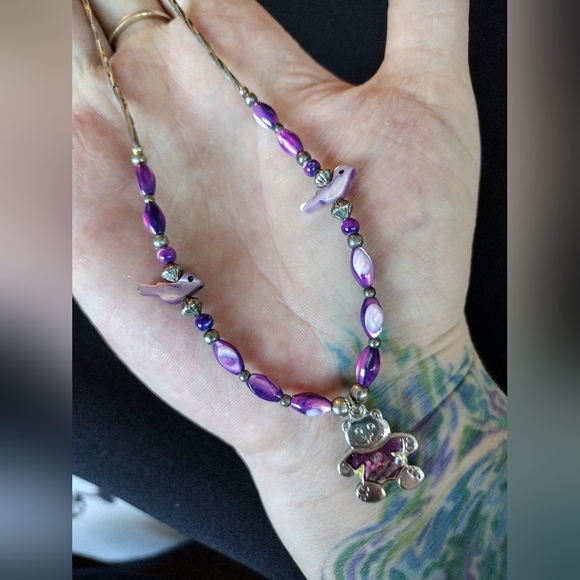 Purple Beaded Necklace with Teddy Bear Pendant - Picture 2 of 8